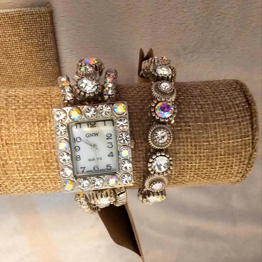 GNW brand stretch elastic silver/aurora borealis watch & bracelet - Picture 2 of 5